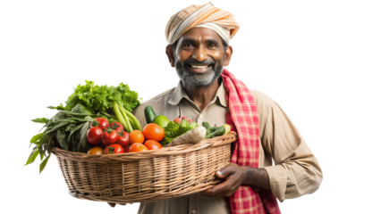 Smiling indian farmer holding a basket of fresh vegetables isolated on transparent background