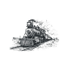Vintage steam locomotive powering through grassy terrain with billowing smoke