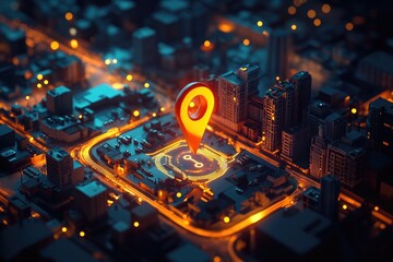 A city map, stylized as a circuit board, with a glowing orange location pin