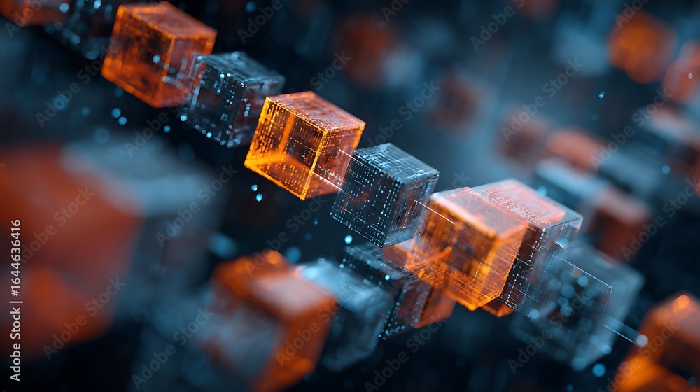 Poster visual representation of digital data blocks in an abstract technology background