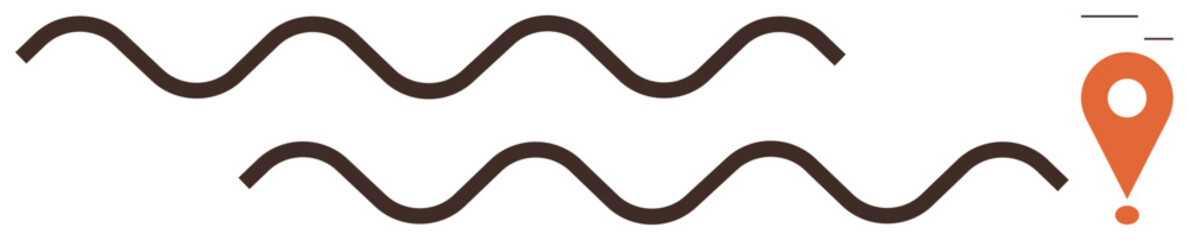 Brown wavy lines forming routes leading to an orange pinpoint marker. Ideal for navigation, travel, direction, journey, wayfinding, exploration, simplicity concept or goal achievement. A simple flat