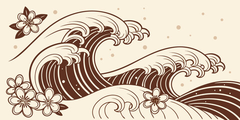 Stylized waves in shades of brown with cherry blossoms against a soft cream background, evoking serenity and elegance.