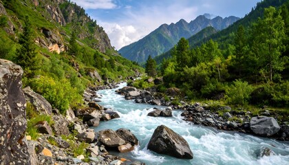 Majestic mountain river cutting through lush green valley with rocky edges