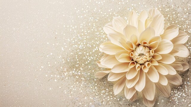 Cream paper dahlia flower with delicate petal layers placed on a glittery background, featuring soft neutral tones and sparkling texture, suitable for wedding invitations, greeting cards,