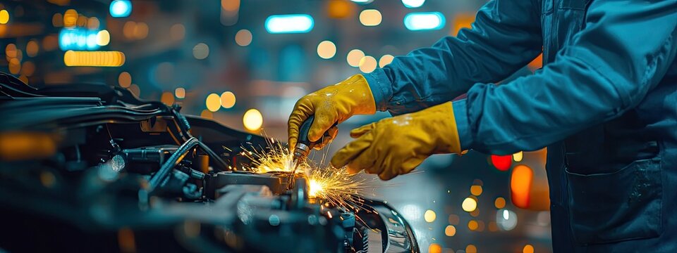 A mechanic working on a car engine, sparks flying