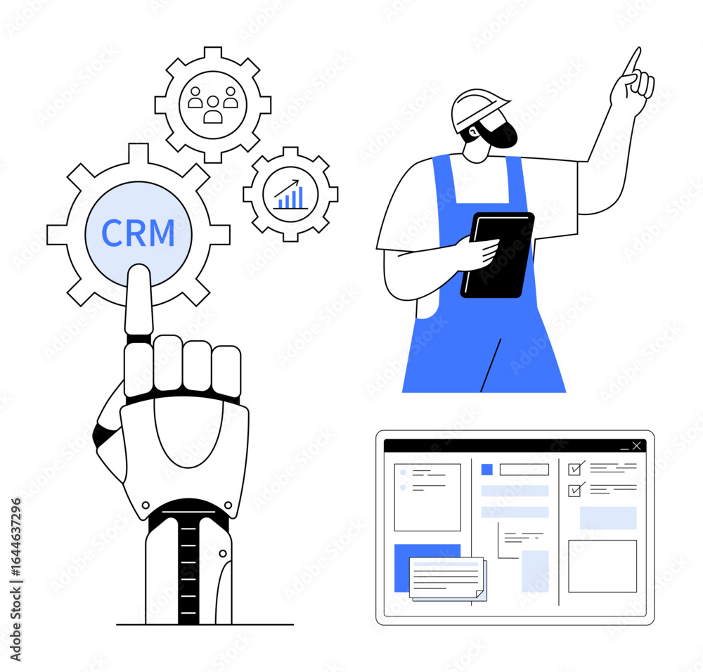 Poster robotic hand points at crm gears, builder with tablet supervises, and digital interface streamlines 