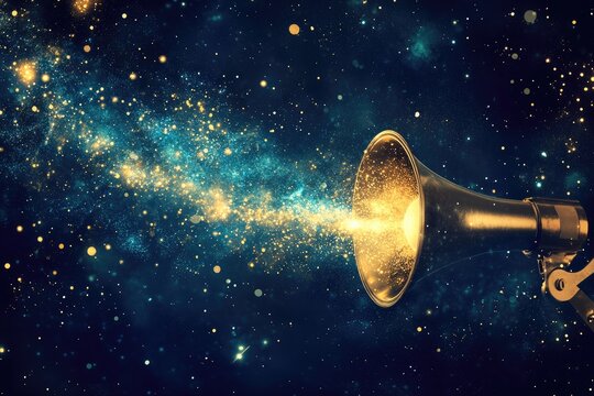 Golden megaphone blasts cosmic particles into starry void
