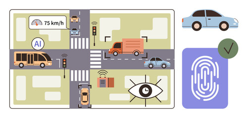 AI-managed vehicles and traffic signals at a city intersection for safety. Cars, buses, and trucks depicted. Ideal for AI, transportation, smart city, traffic, automation safety digitization