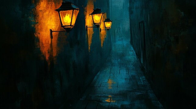 Dark alleyway, glowing lamps, rain-slicked floor