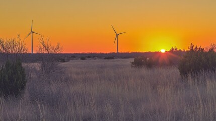 Golden sunset illuminates wind turbines over a serene field landscape conveying environmental