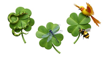 Naklejka premium Three animals on clover leaves illustration