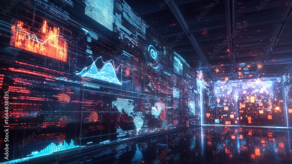 Aufkleber futuristic data center with complex graphs and code displays