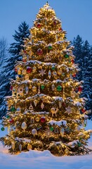 A brightly illuminated christmas tree in the snow provides a festive wintertime scene filled with