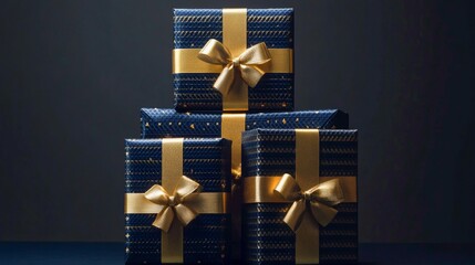 A set of luxury Christmas gift boxes stacked together decorated with golden ribbons elegant festive background  product photography ultraHD K