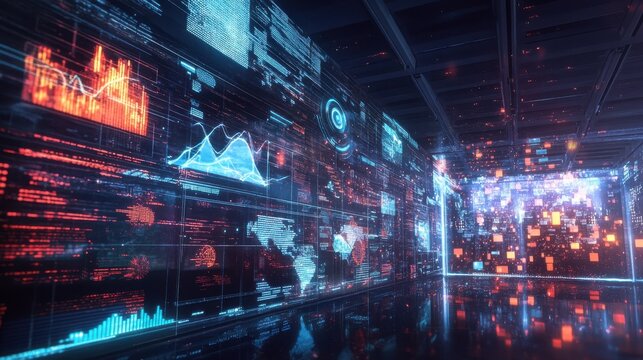 Futuristic data center with complex graphs and code displays
