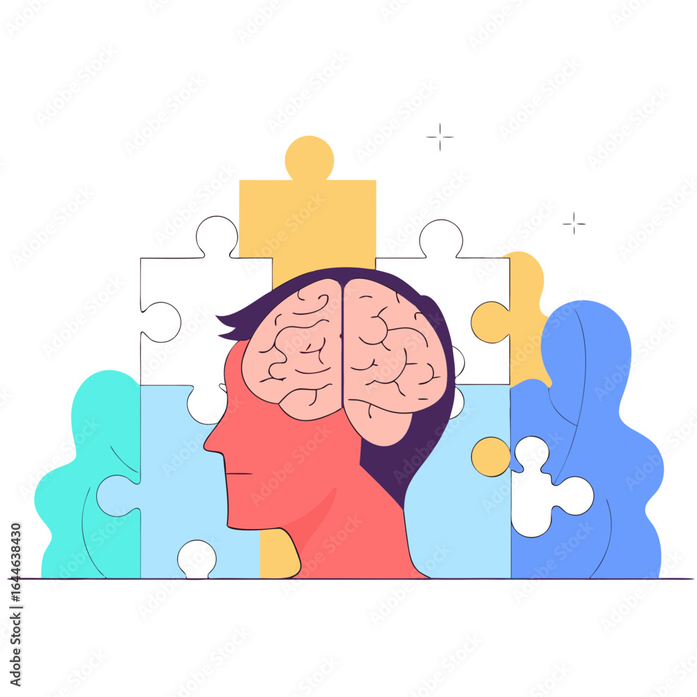 Poster illustration of a human silhouette with a brain and various puzzle pieces symbolizing problem-solvin
