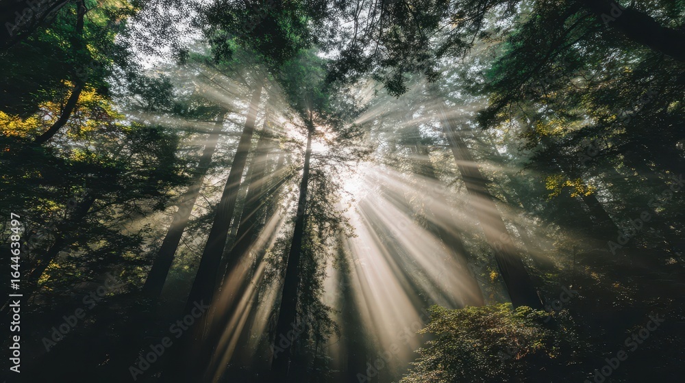 Poster sunlight streams through a dense forest canopy.