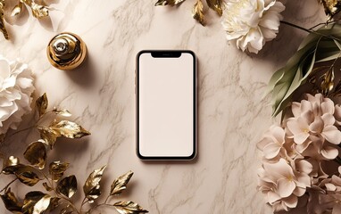 Gold & cream phone, flowers, marble