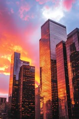 Fototapeta premium Stunning city skyline illuminated by a vibrant orange sunset.