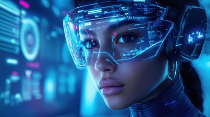 Young Asian woman in futuristic glasses in tech environment at night