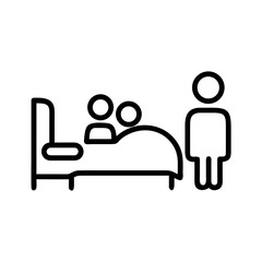 Illustration of two people sitting on a bed while one person stands nearby, representing intimacy and connection.