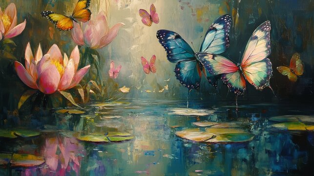 50.Visionary virtual art space, displaying breathtaking impressionist works with rich colors, floral and butterfly motifs, contemporary Gold Coast-inspired elegance, tranquil water reflections