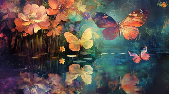 50.Visionary virtual art space, displaying breathtaking impressionist works with rich colors, floral and butterfly motifs, contemporary Gold Coast-inspired elegance, tranquil water reflections