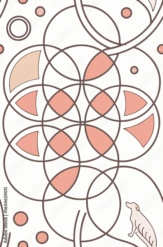 Poster geometric abstract pattern featuring interlocking circles and shapes in muted pink and beige tones.