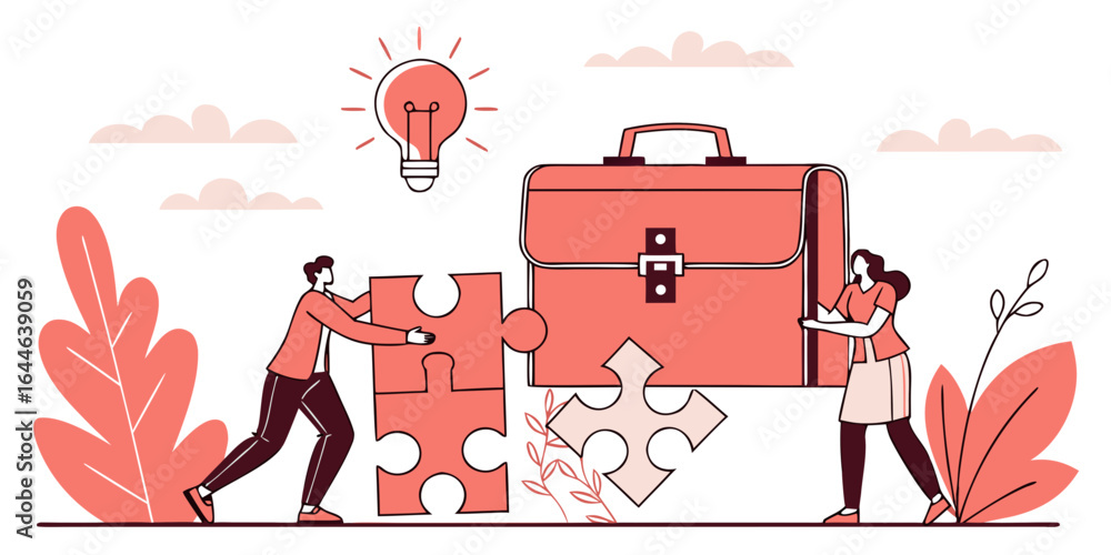 Poster two people collaborating to fit large puzzle pieces together with a briefcase in the background, con