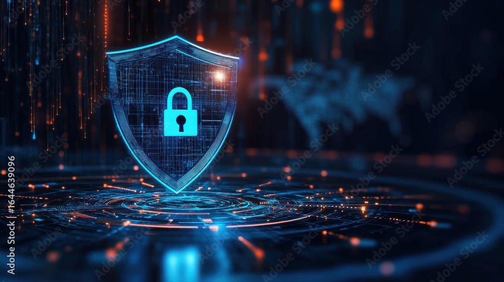 Poster glowing digital shield and padlock in abstract technology space