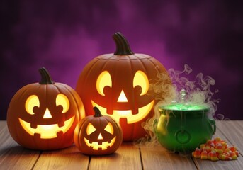 Three jack o lanterns with a green cauldron and candy corn on wood table