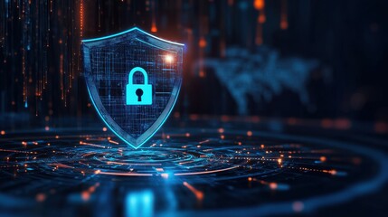 Glowing digital shield and padlock in abstract technology space