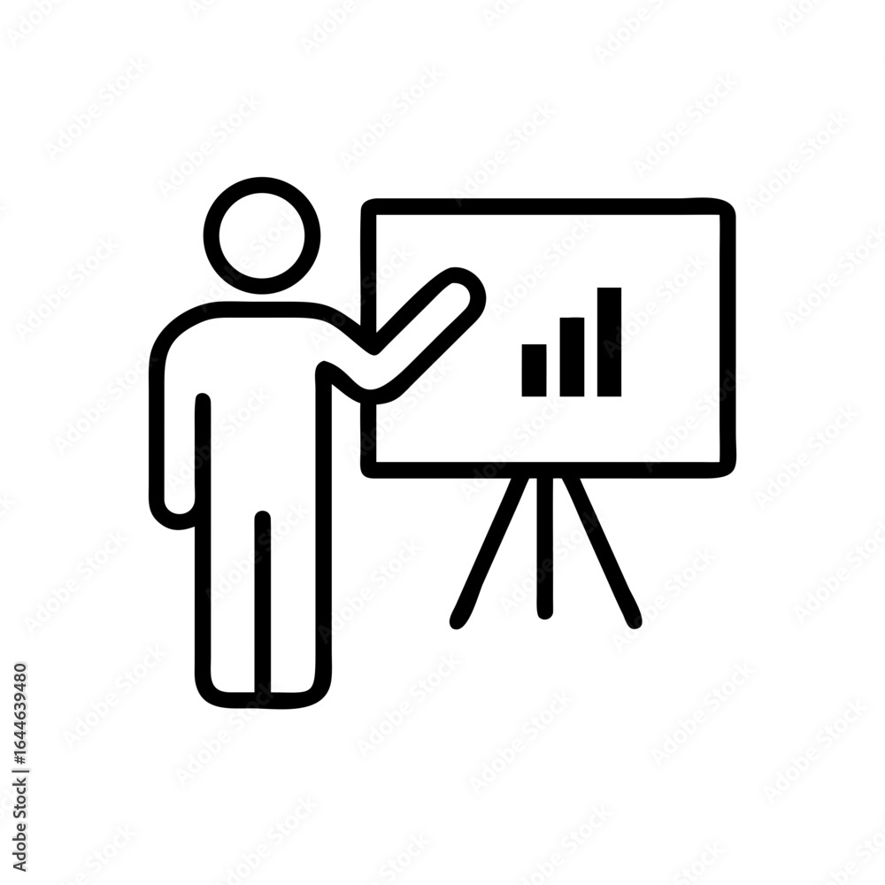 Poster a simplified representation of a person presenting a bar graph on a board, illustrating data analysi
