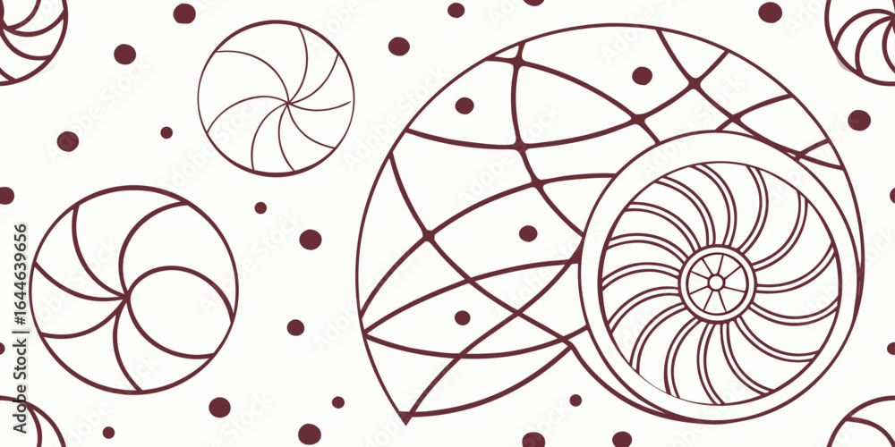 Poster abstract pattern featuring detailed, spiraled shells in earthy tones with a minimalist design, ideal