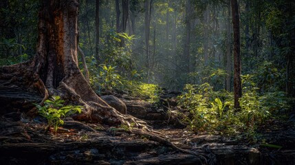 Obraz premium Sunlight filters through a dense jungle forest.