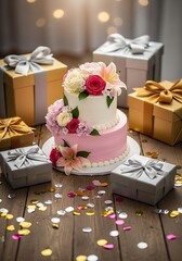 Celebratory arrangement of presents and a floral cake on a wooden surface showcase