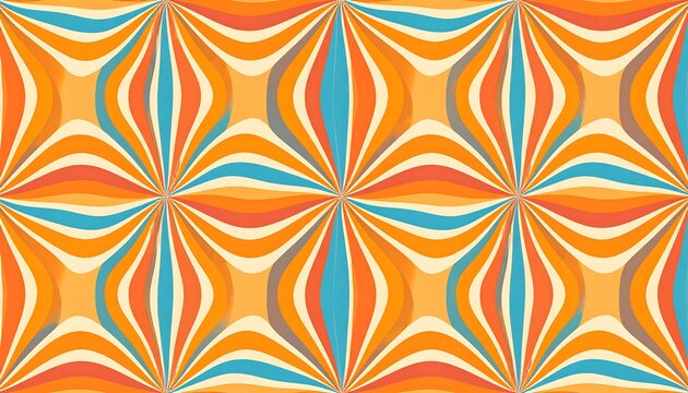 Retro-inspired kaleidoscopic pattern with wavy lines and harmonious color palette