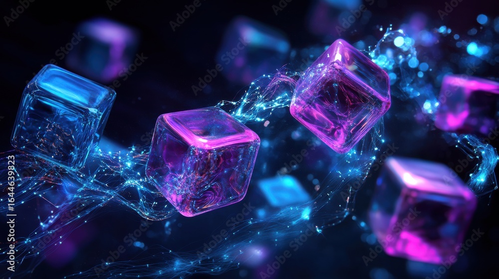 Poster glowing floating cubes connected by streams in dark environment