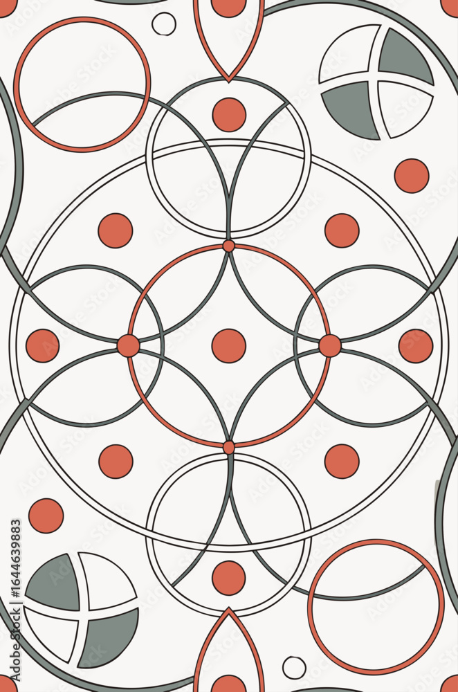 Poster abstract pattern featuring geometric shapes, circles, and lines in muted colors creating a harmoniou