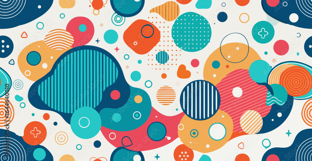 Poster colorful abstract shapes and patterns creating a playful and vibrant atmosphere with dynamic movemen