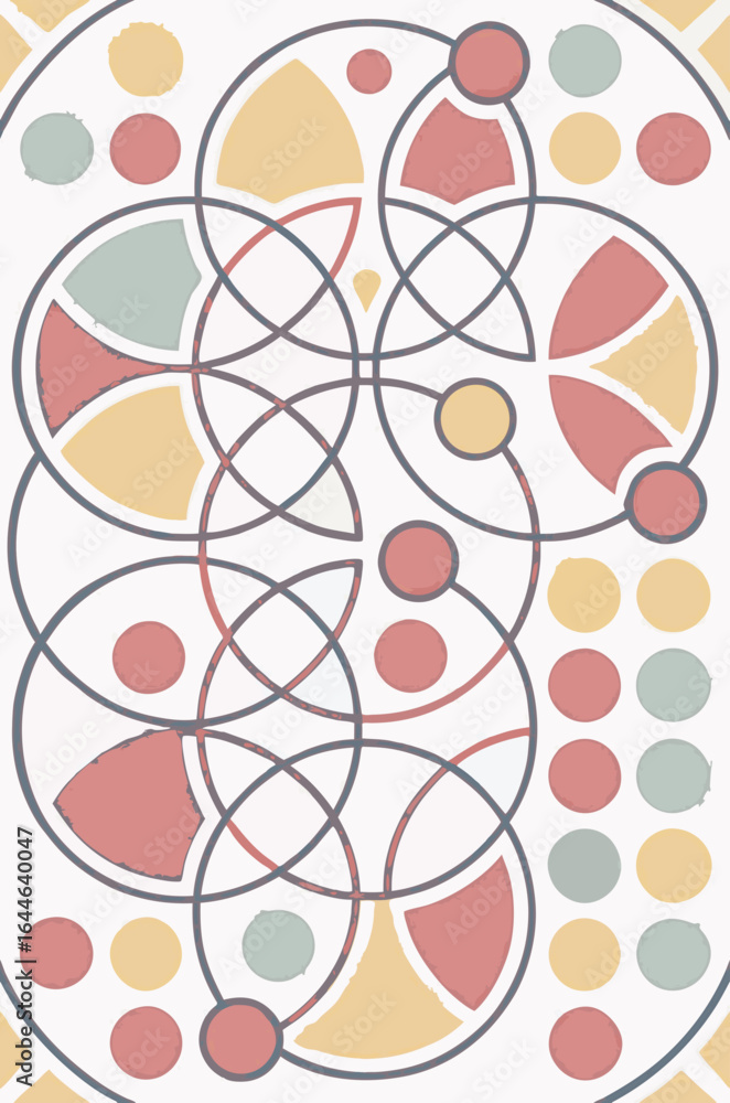 Poster geometric abstract design featuring interconnected circles and arcs in soft pastel colors against a 