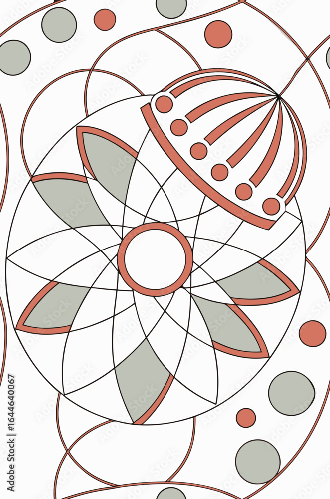 Poster intricate abstract design featuring symmetrical floral patterns in muted colors with circular elemen