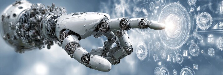 Advanced robotic hand with intricate mechanical components, reaching out to abstract digital data interface