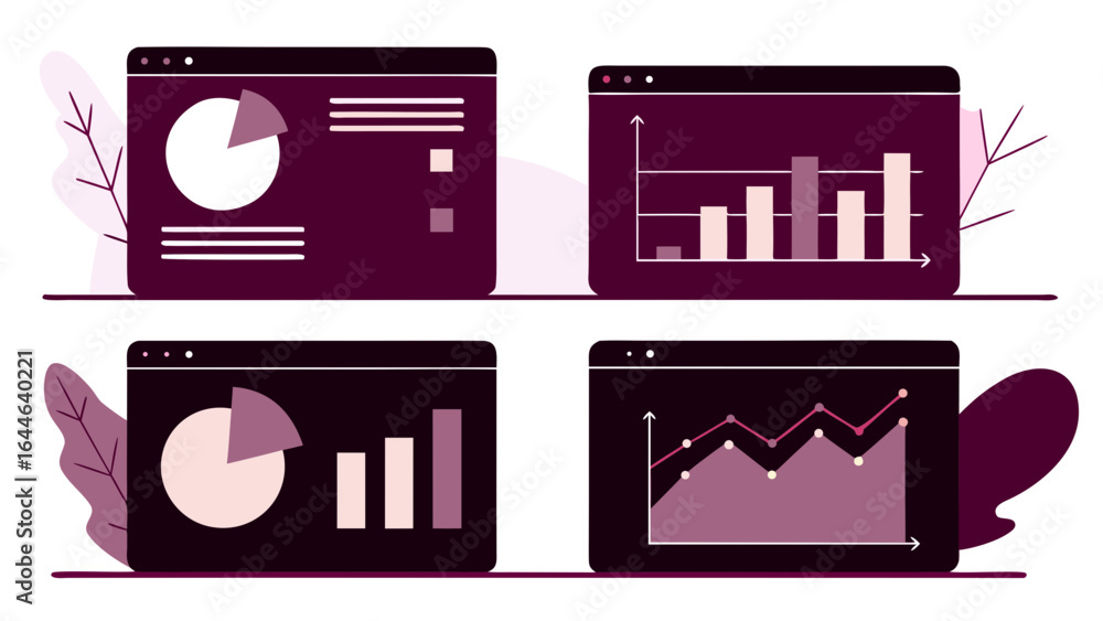 Aufkleber four computer screens displaying various colorful data visualizations and analytics, including chart