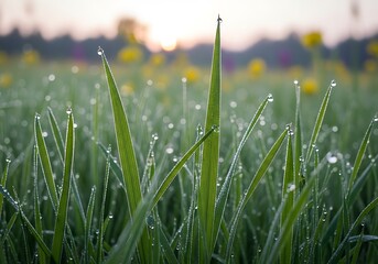 Dew kissed blades reflecting the dawn sunlight in a serene agricultural landscape