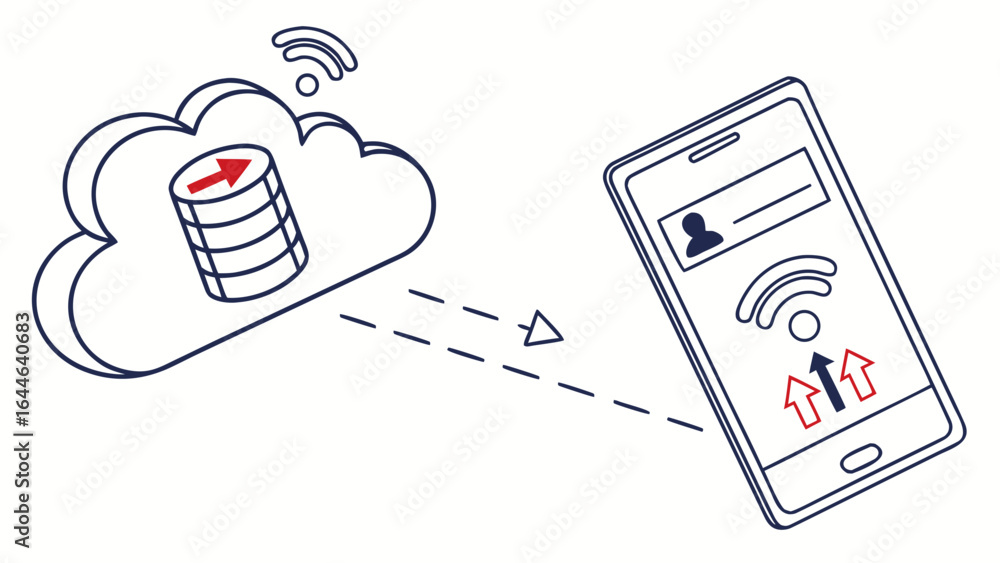 Poster illustration of cloud storage transferring data to a smartphone with a wireless connection. data exc