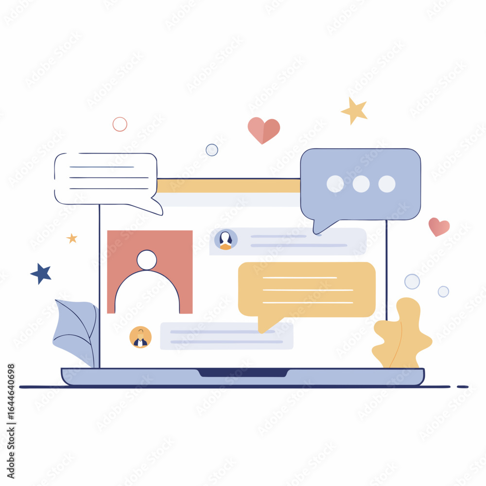 Poster digital illustration of a laptop screen displaying chat conversation with colorful speech bubbles an
