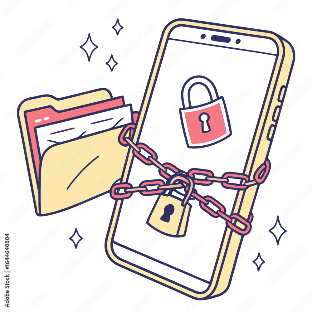 Poster illustration of a smartphone with a locked file folder, symbolizing digital security and data protec