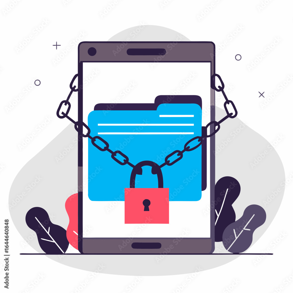 Poster illustration of a mobile device with a locked file symbolizing data security and privacy protection.