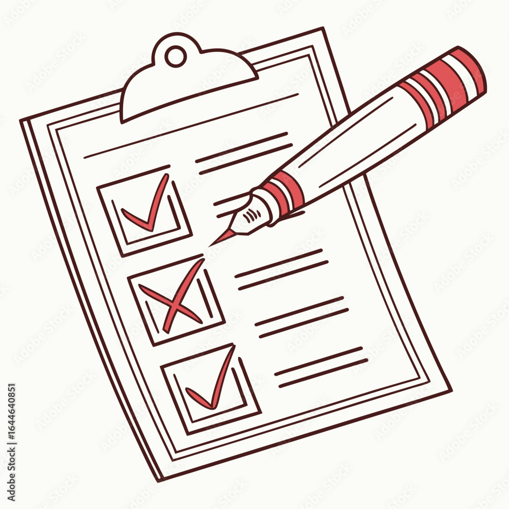 Poster a checklist with three boxes, two checked and one unchecked, featuring a red pen for marking decisio